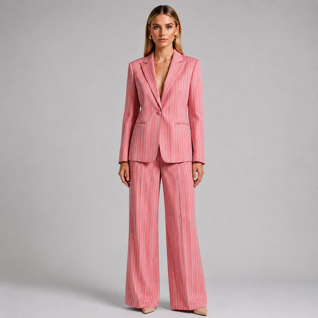 Glitter Pinstripe Blazer and Straight Leg Pants Set for Meetings Ready Women-Vyana Collective