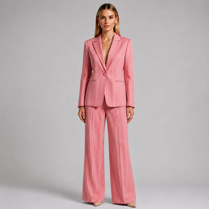 Glitter Pinstripe Blazer and Straight Leg Pants Set for Meetings Ready Women-Vyana Collective