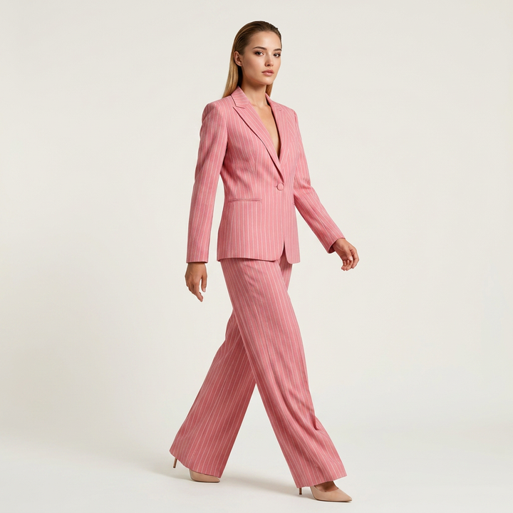Glitter Pinstripe Blazer and Straight Leg Pants Set for Meetings Ready Women-Vyana Collective