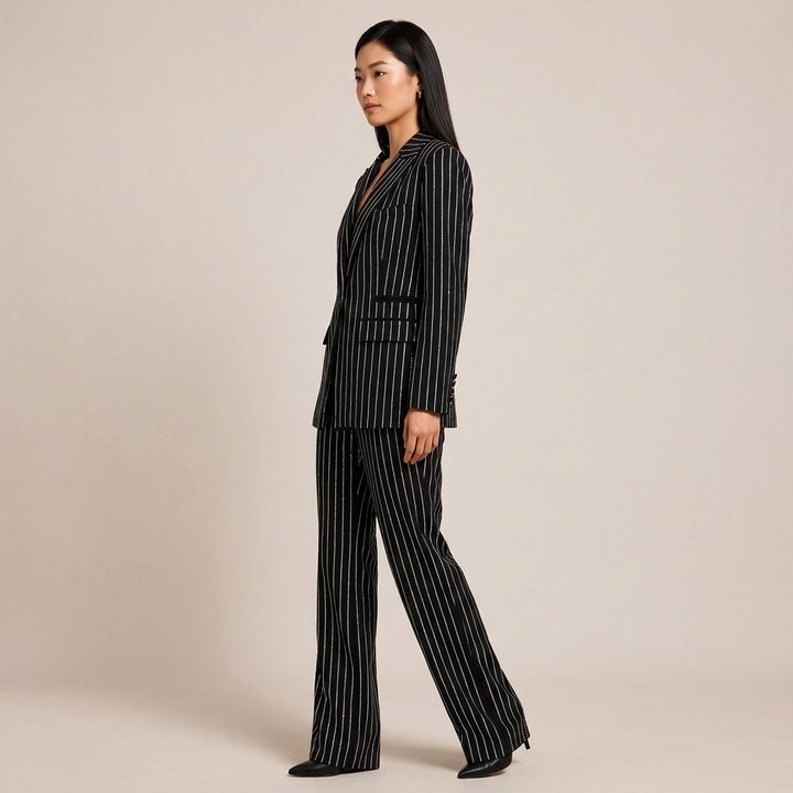 Glitter Pinstripe Blazer and Straight Leg Pants Set for Meetings Ready Women-Vyana Collective