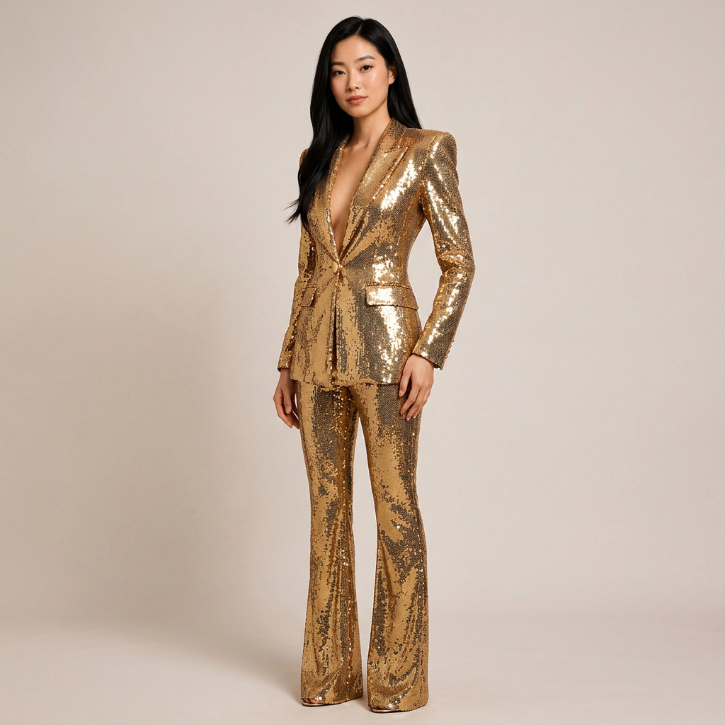 Gold Sequin Blazer and Wide Leg Pants Set for Gala Evenings and Luxe Party Glamour Women-Vyana Collective