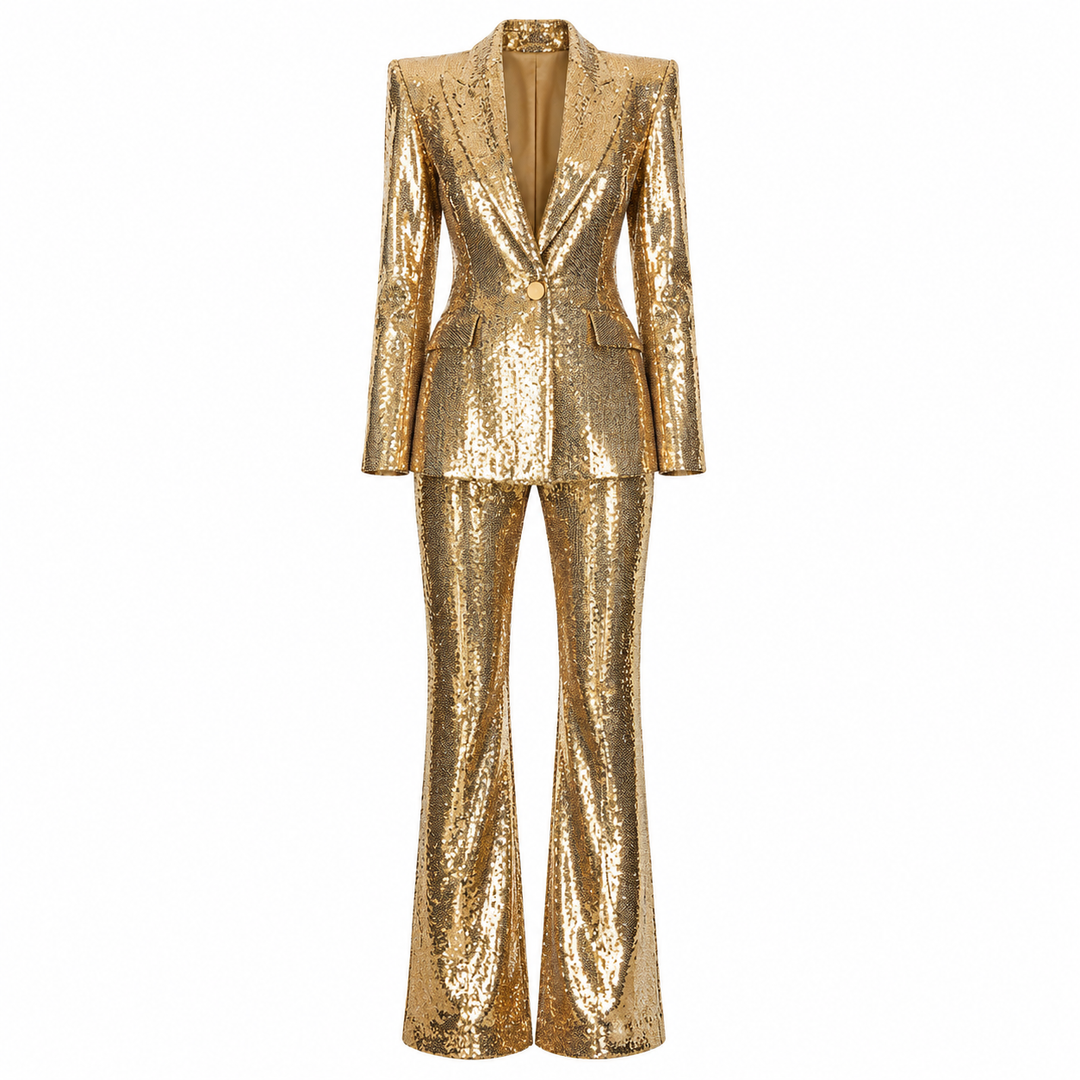 Gold Sequin Blazer and Wide Leg Pants Set for Gala Evenings and Luxe Party Glamour Women-Vyana Collective