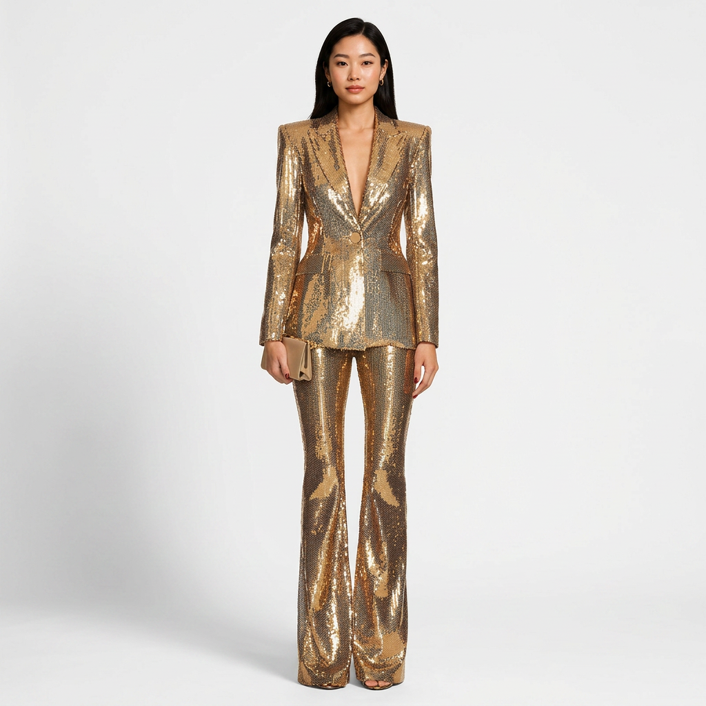 Gold Sequin Blazer and Wide Leg Pants Set for Gala Evenings and Luxe Party Glamour Women-Vyana Collective