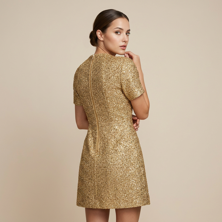 Gold Sequin Tweed Mini Dress with Pearl Buttons-Vyana Collective