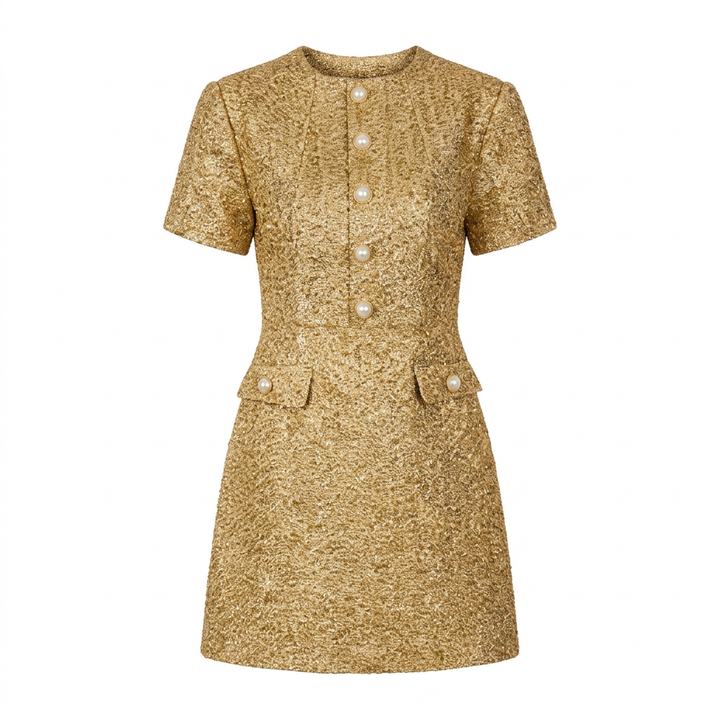 Gold Sequin Tweed Mini Dress with Pearl Buttons-Vyana Collective