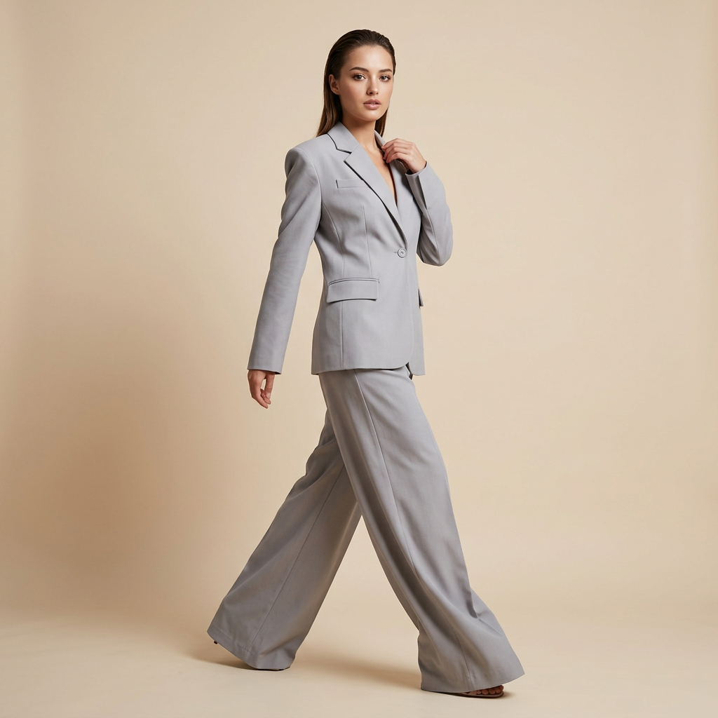 Gray Single Button Blazer and Wide Leg Pants Suit for Office-Vyana Collective