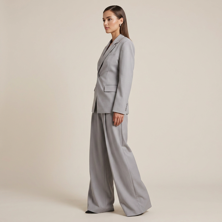 Gray Single Button Blazer and Wide Leg Pants Suit for Office-Vyana Collective