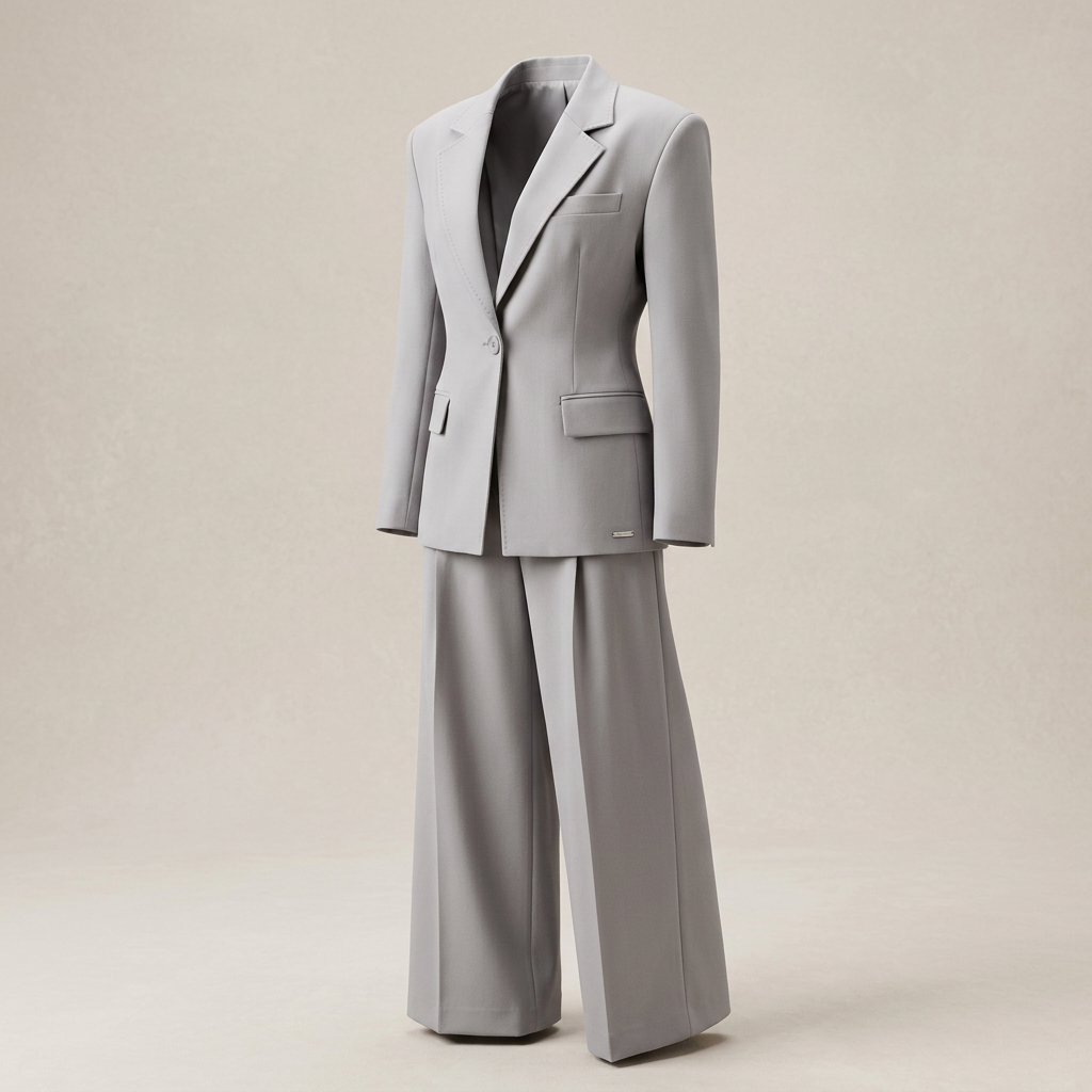 Gray Single Button Blazer and Wide Leg Pants Suit for Office-Vyana Collective