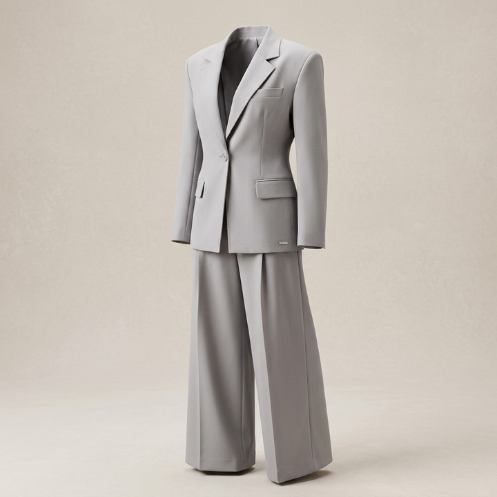 Gray Single Button Blazer and Wide Leg Pants Suit for Office-Vyana Collective