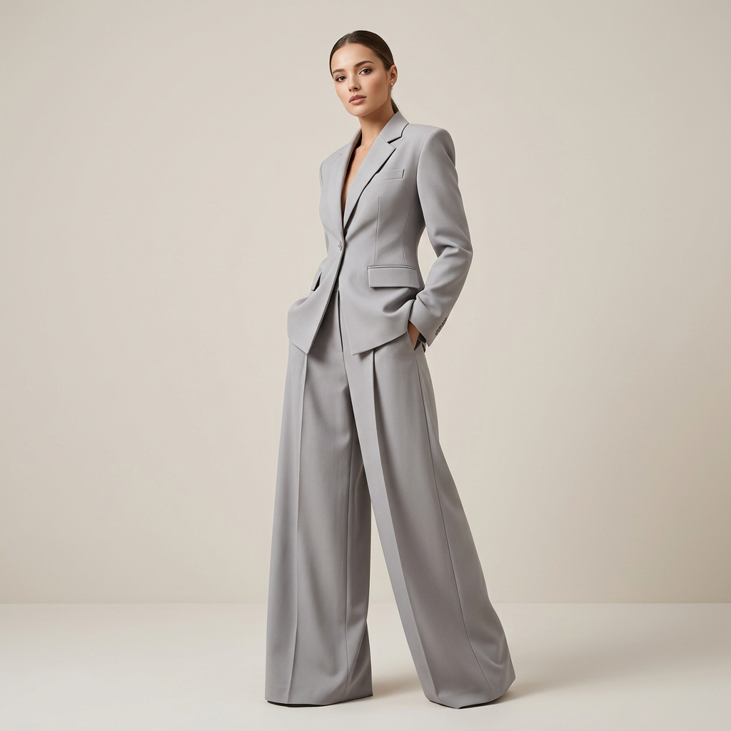 Gray Single Button Blazer and Wide Leg Pants Suit for Office-Vyana Collective