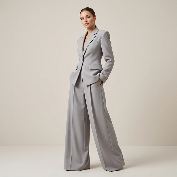 Gray Single Button Blazer and Wide Leg Pants Suit for Office-Vyana Collective
