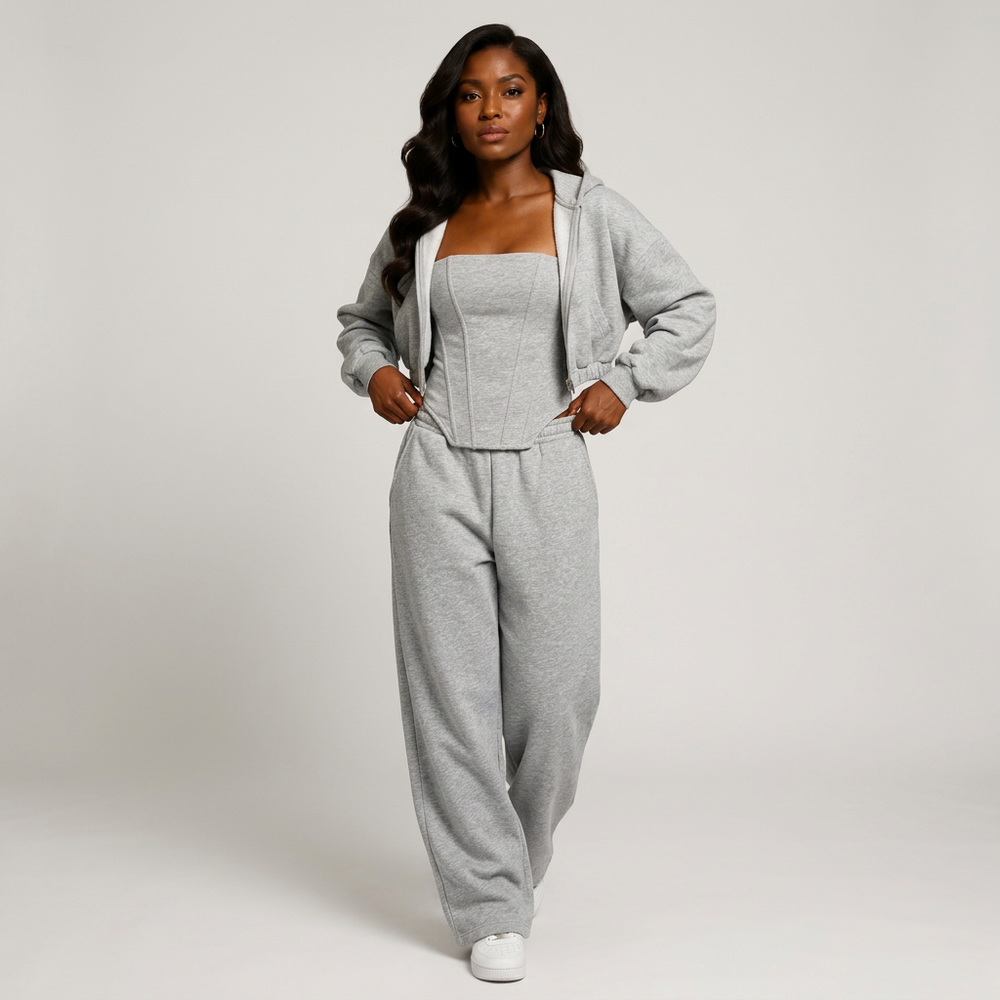 Gray Three-Piece Set With Hooded Jacket, Corset Top And Wide-Leg Pants-Vyana Collective
