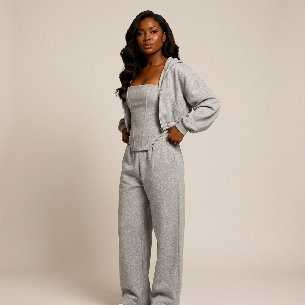 Gray Three-Piece Set With Hooded Jacket, Corset Top And Wide-Leg Pants-Vyana Collective