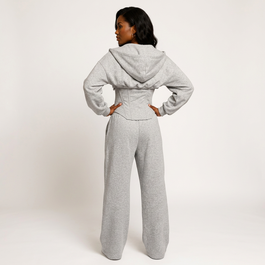 Gray Three-Piece Set With Hooded Jacket, Corset Top And Wide-Leg Pants-Vyana Collective