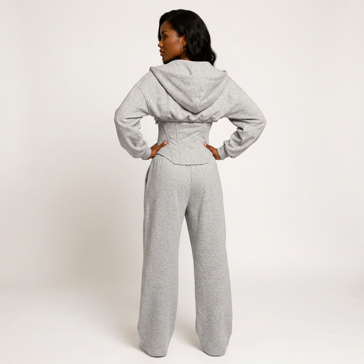 Gray Three-Piece Set With Hooded Jacket, Corset Top And Wide-Leg Pants-Vyana Collective