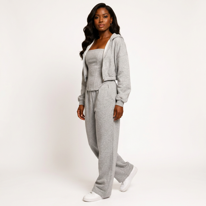 Gray Three-Piece Set With Hooded Jacket, Corset Top And Wide-Leg Pants-Vyana Collective