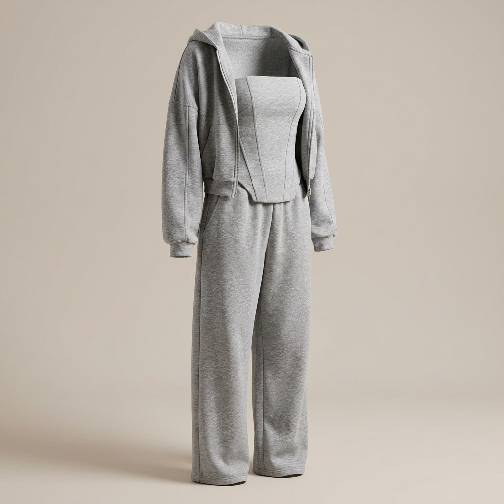 Gray Three-Piece Set With Hooded Jacket, Corset Top And Wide-Leg Pants-Vyana Collective