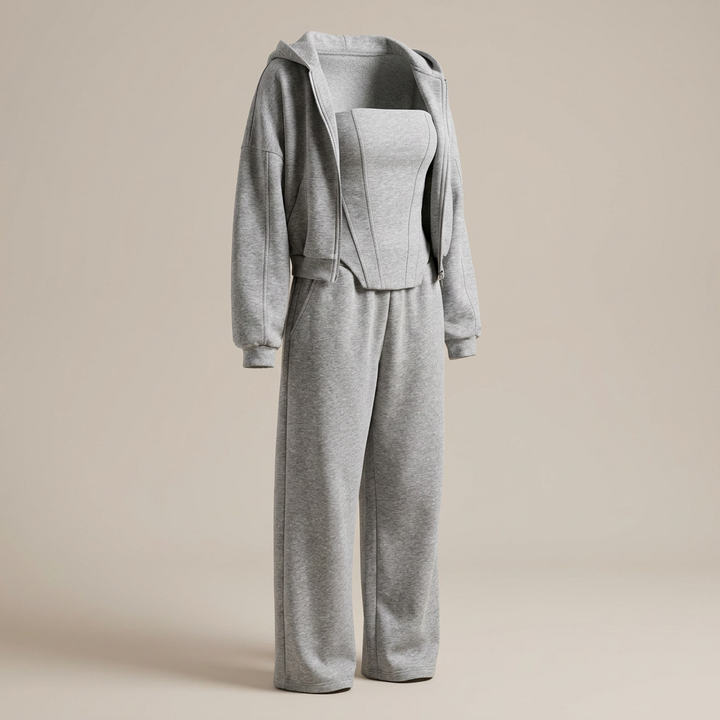 Gray Three-Piece Set With Hooded Jacket, Corset Top And Wide-Leg Pants-Vyana Collective