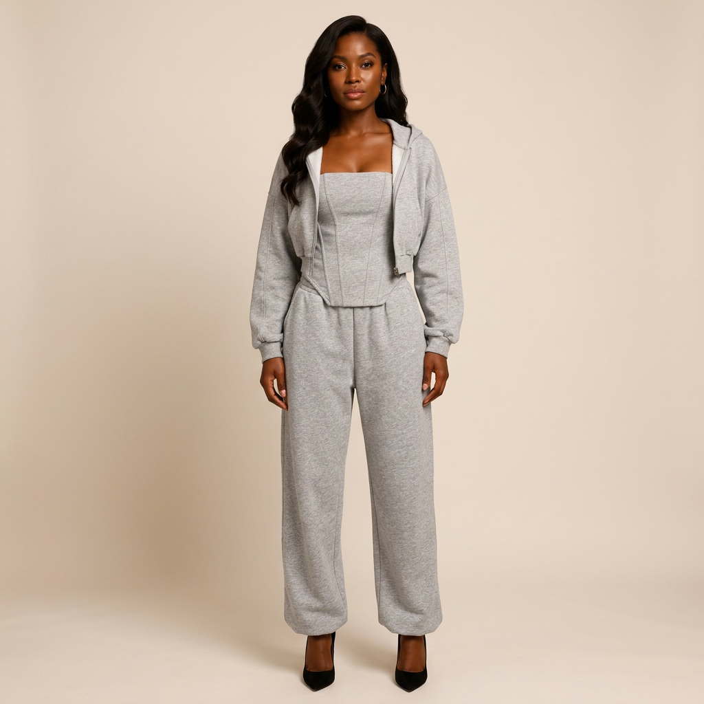 Gray Three-Piece Set With Hooded Jacket, Corset Top And Wide-Leg Pants-Vyana Collective