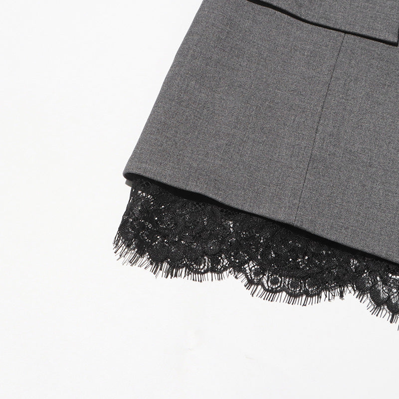 Grey Lace Trim Tailored Blazer Dress for Evening Events and Elegant Style Women-Vyana Collective