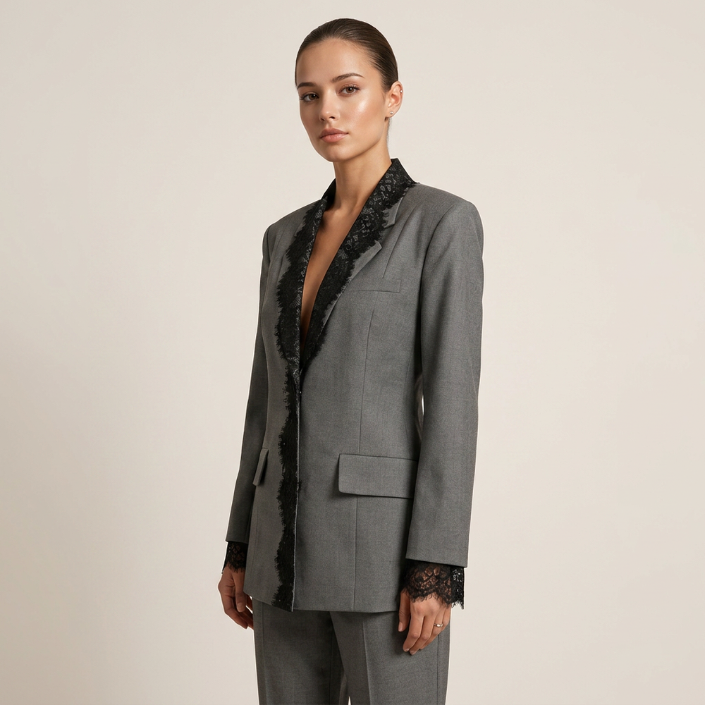 Grey Lace Trim Tailored Blazer Dress for Evening Events and Elegant Style Women-Vyana Collective