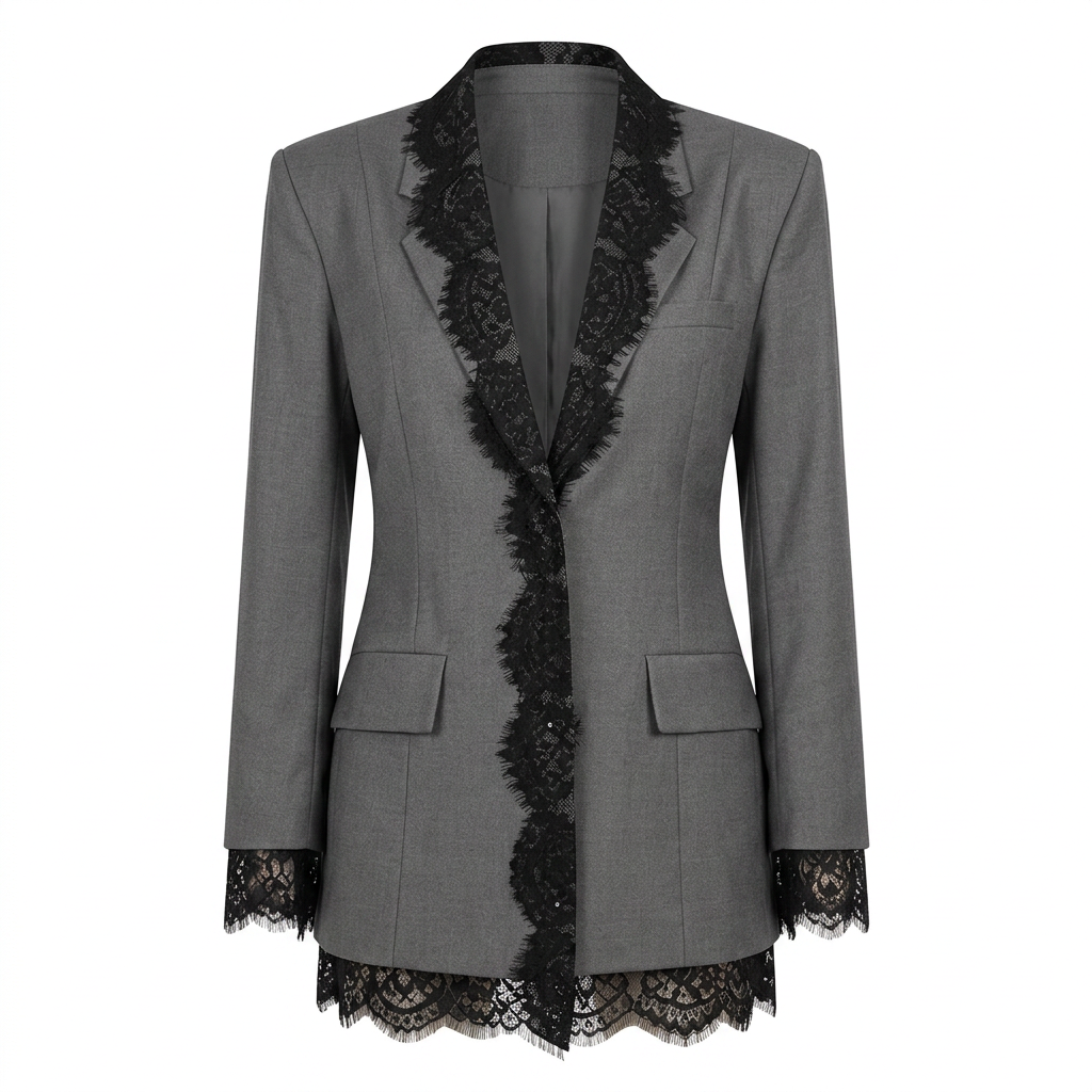 Grey Lace Trim Tailored Blazer Dress for Evening Events and Elegant Style Women-Vyana Collective