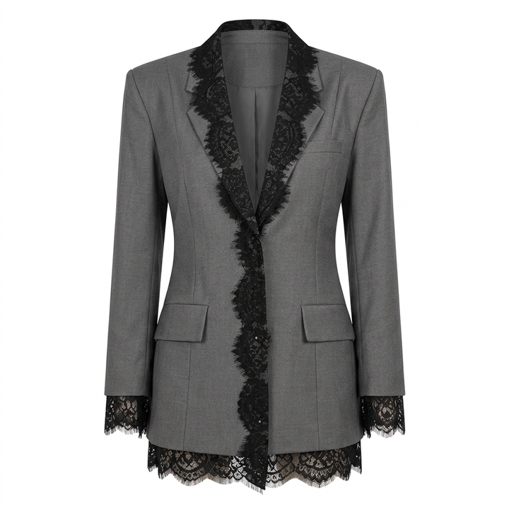 Grey Lace Trim Tailored Blazer Dress for Evening Events and Elegant Style Women-Vyana Collective