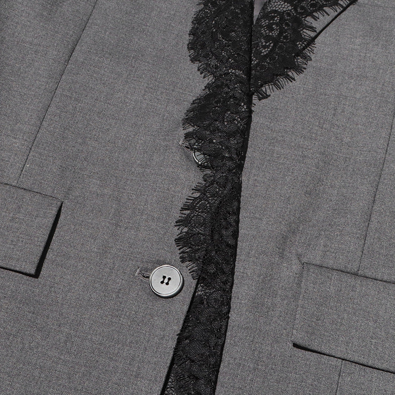 Grey Lace Trim Tailored Blazer Dress for Evening Events and Elegant Style Women-Vyana Collective