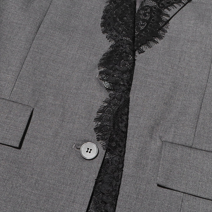Grey Lace Trim Tailored Blazer Dress for Evening Events and Elegant Style Women-Vyana Collective