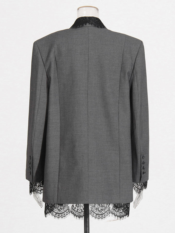 Grey Lace Trim Tailored Blazer Dress for Evening Events and Elegant Style Women-Vyana Collective