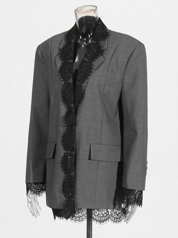 Grey Lace Trim Tailored Blazer Dress for Evening Events and Elegant Style Women-Vyana Collective