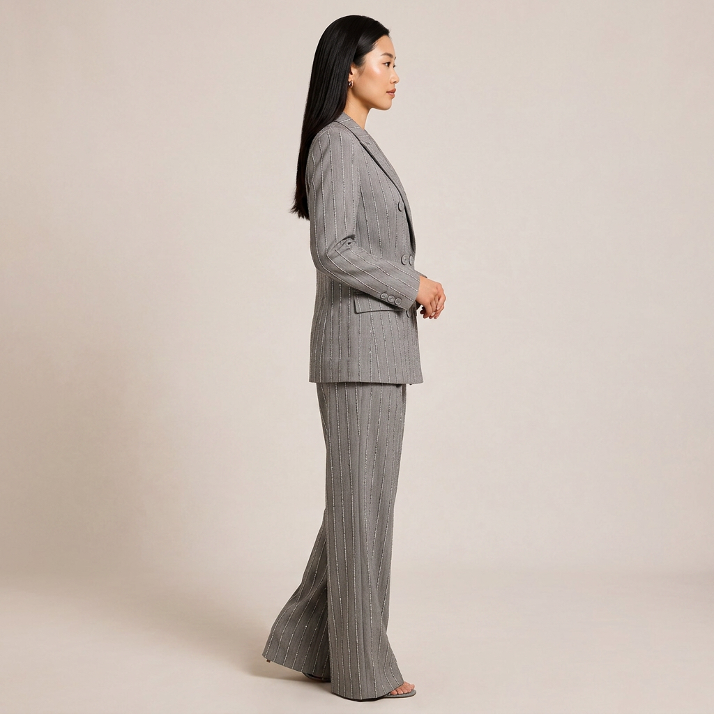 Grey Rhinestone Pinstripe Double-Breasted Blazer and Wide Leg Pants Suit Set for Meetings Ready and Executive Elegance Women-Vyana Collective