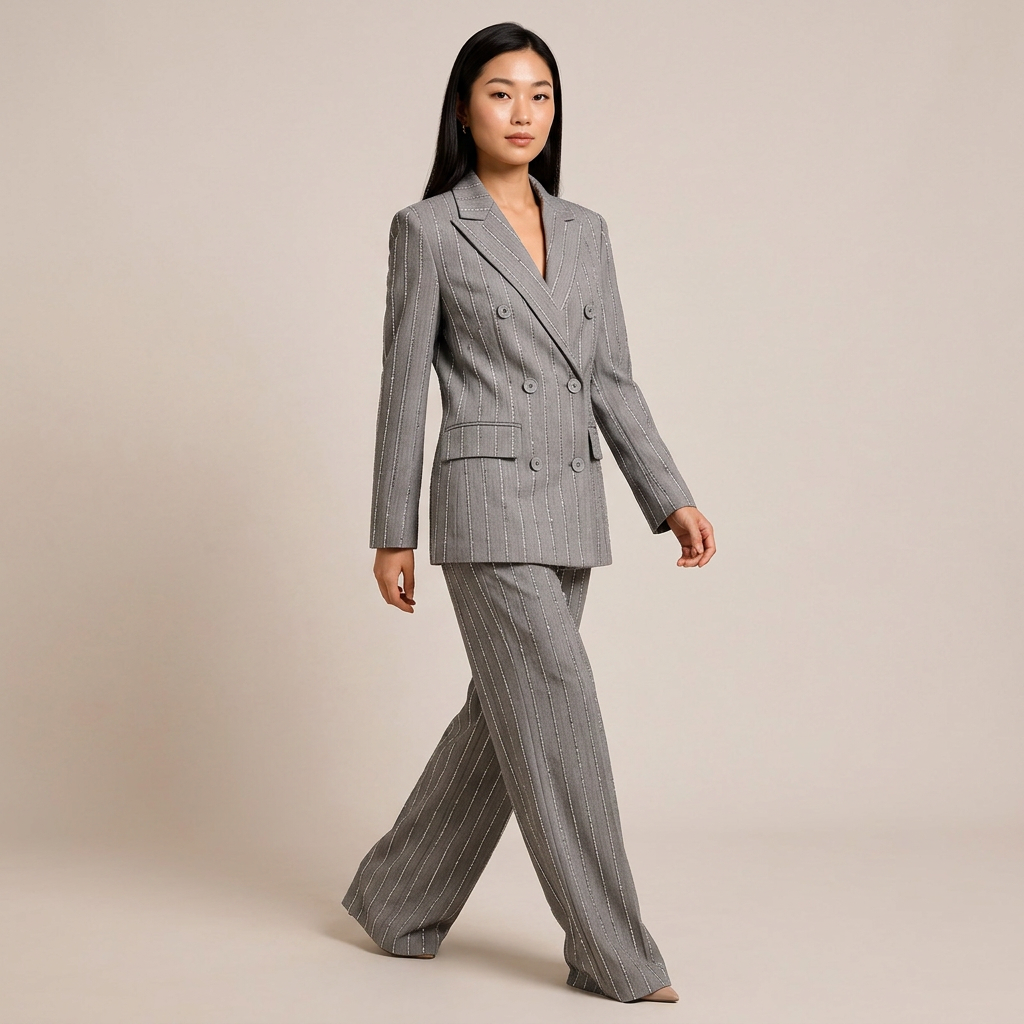 Grey Rhinestone Pinstripe Double-Breasted Blazer and Wide Leg Pants Suit Set for Meetings Ready and Executive Elegance Women-Vyana Collective