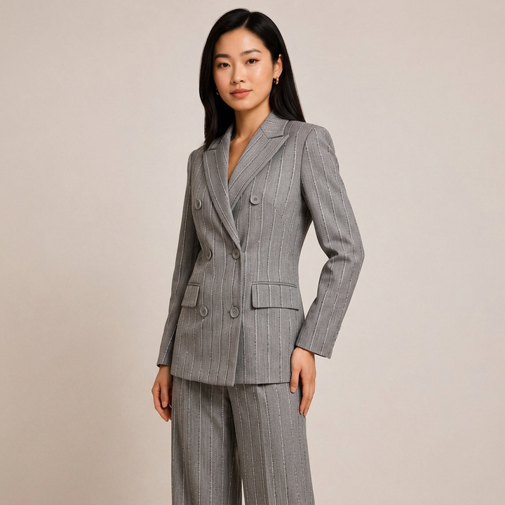 Grey Rhinestone Pinstripe Double-Breasted Blazer and Wide Leg Pants Suit Set for Meetings Ready and Executive Elegance Women-Vyana Collective