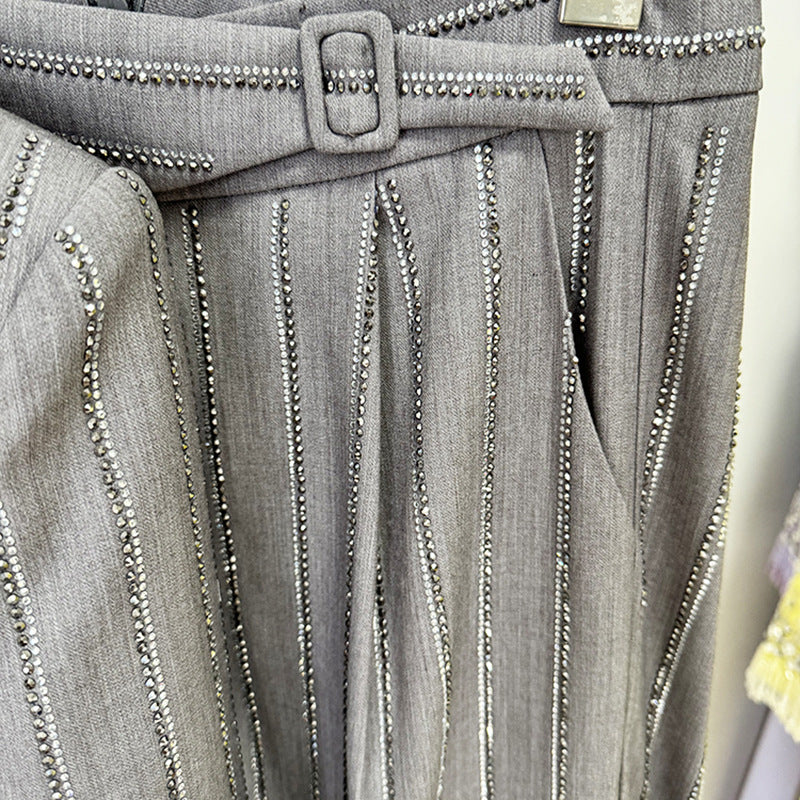 Grey Rhinestone Pinstripe Double-Breasted Blazer and Wide Leg Pants Suit Set for Meetings Ready and Executive Elegance Women-Vyana Collective