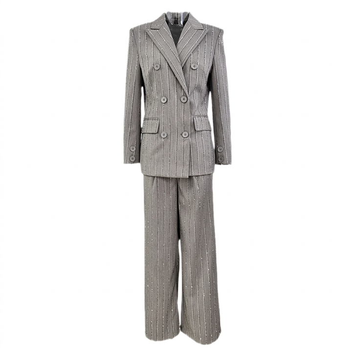Grey Rhinestone Pinstripe Double-Breasted Blazer and Wide Leg Pants Suit Set for Meetings Ready and Executive Elegance Women-Vyana Collective