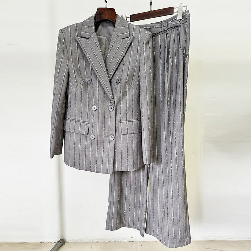 Grey Rhinestone Pinstripe Double-Breasted Blazer and Wide Leg Pants Suit Set for Meetings Ready and Executive Elegance Women-Vyana Collective