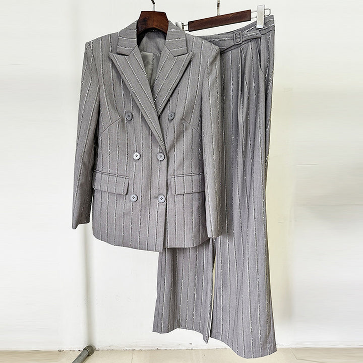 Grey Rhinestone Pinstripe Double-Breasted Blazer and Wide Leg Pants Suit Set for Meetings Ready and Executive Elegance Women-Vyana Collective