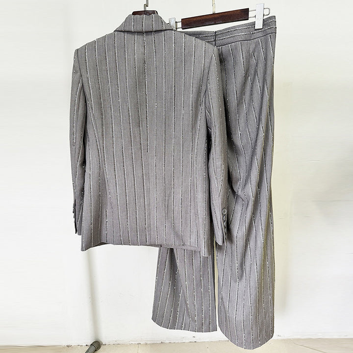 Grey Rhinestone Pinstripe Double-Breasted Blazer and Wide Leg Pants Suit Set for Meetings Ready and Executive Elegance Women-Vyana Collective