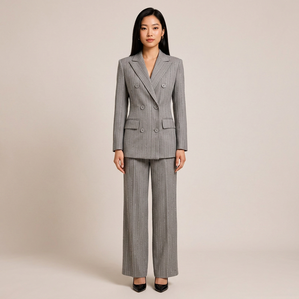 Grey Rhinestone Pinstripe Double-Breasted Blazer and Wide Leg Pants Suit Set for Meetings Ready and Executive Elegance Women-Vyana Collective