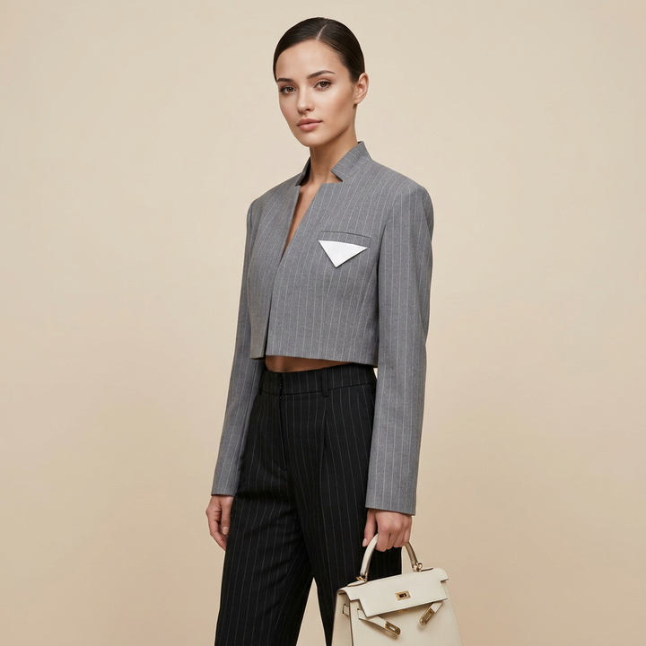Grey Stand Collar Cropped Blazer for Meetings Ready and Modern Executive Style Women-Vyana Collective