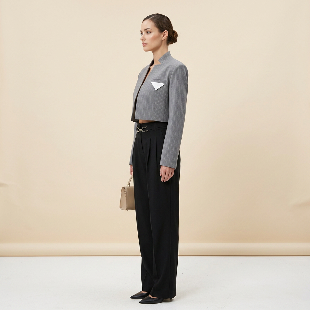 Grey Stand Collar Cropped Blazer for Meetings Ready and Modern Executive Style Women-Vyana Collective