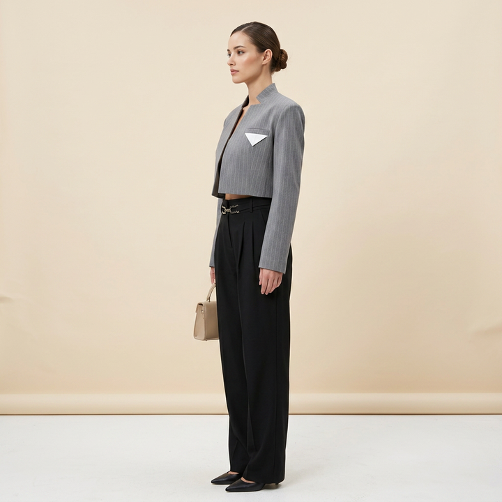 Grey Stand Collar Cropped Blazer for Meetings Ready and Modern Executive Style Women-Vyana Collective