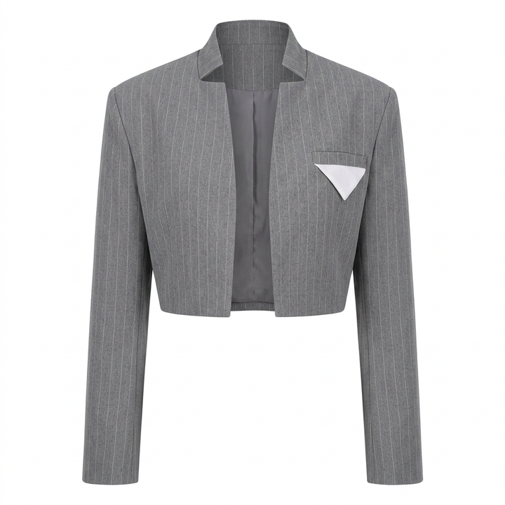 Grey Stand Collar Cropped Blazer for Meetings Ready and Modern Executive Style Women-Vyana Collective