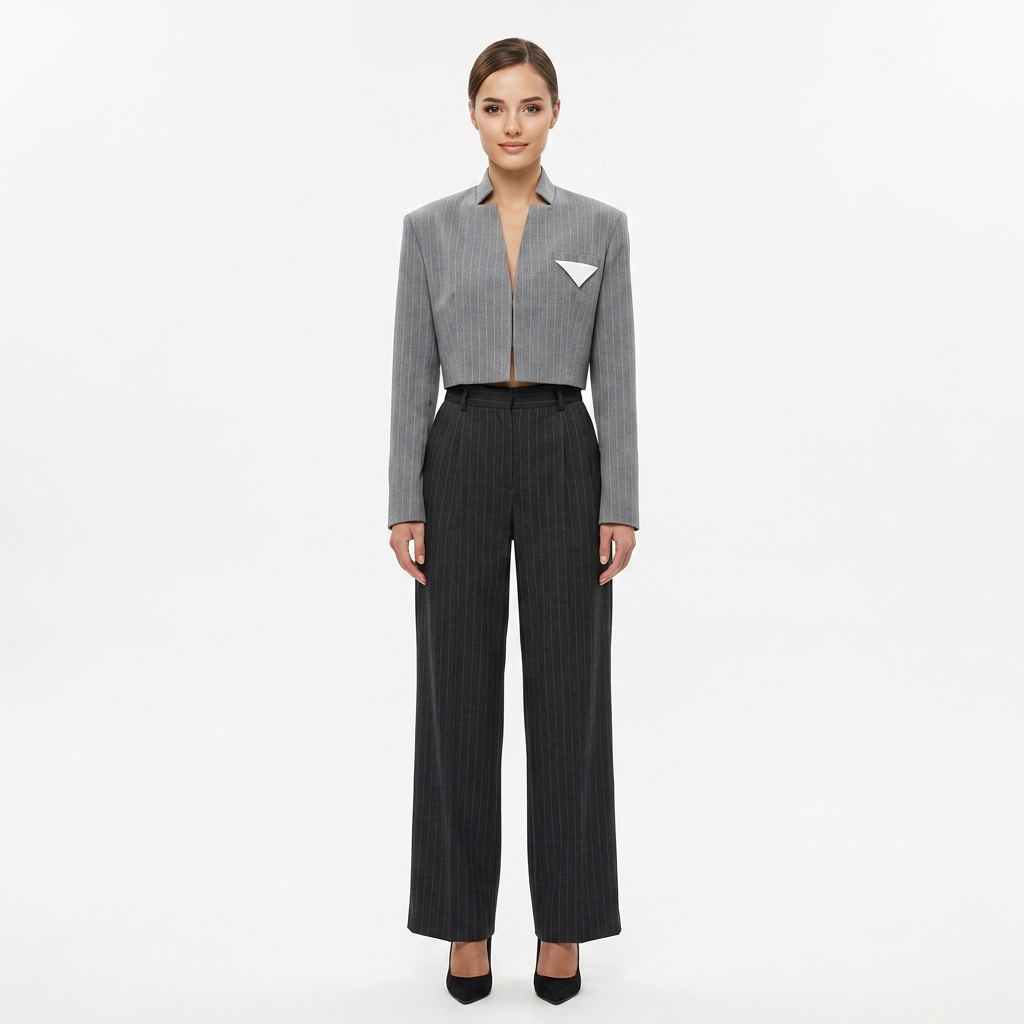 Grey Stand Collar Cropped Blazer for Meetings Ready and Modern Executive Style Women-Vyana Collective