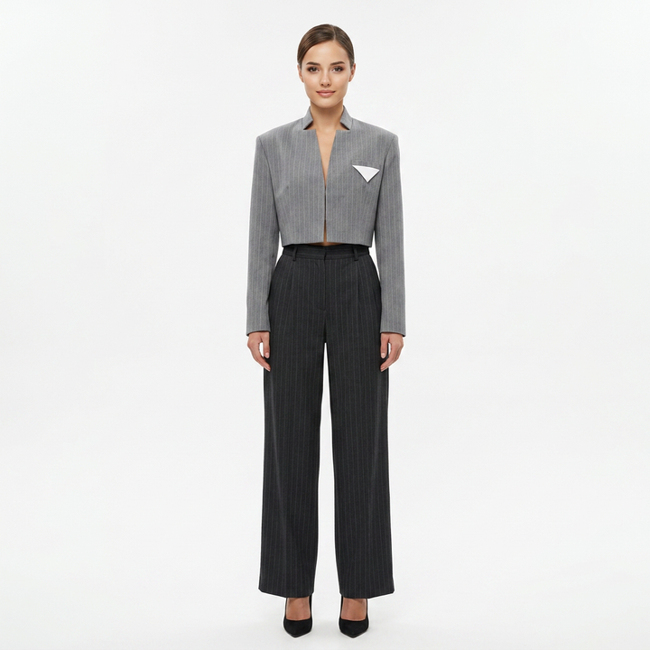 Grey Stand Collar Cropped Blazer for Meetings Ready and Modern Executive Style Women-Vyana Collective