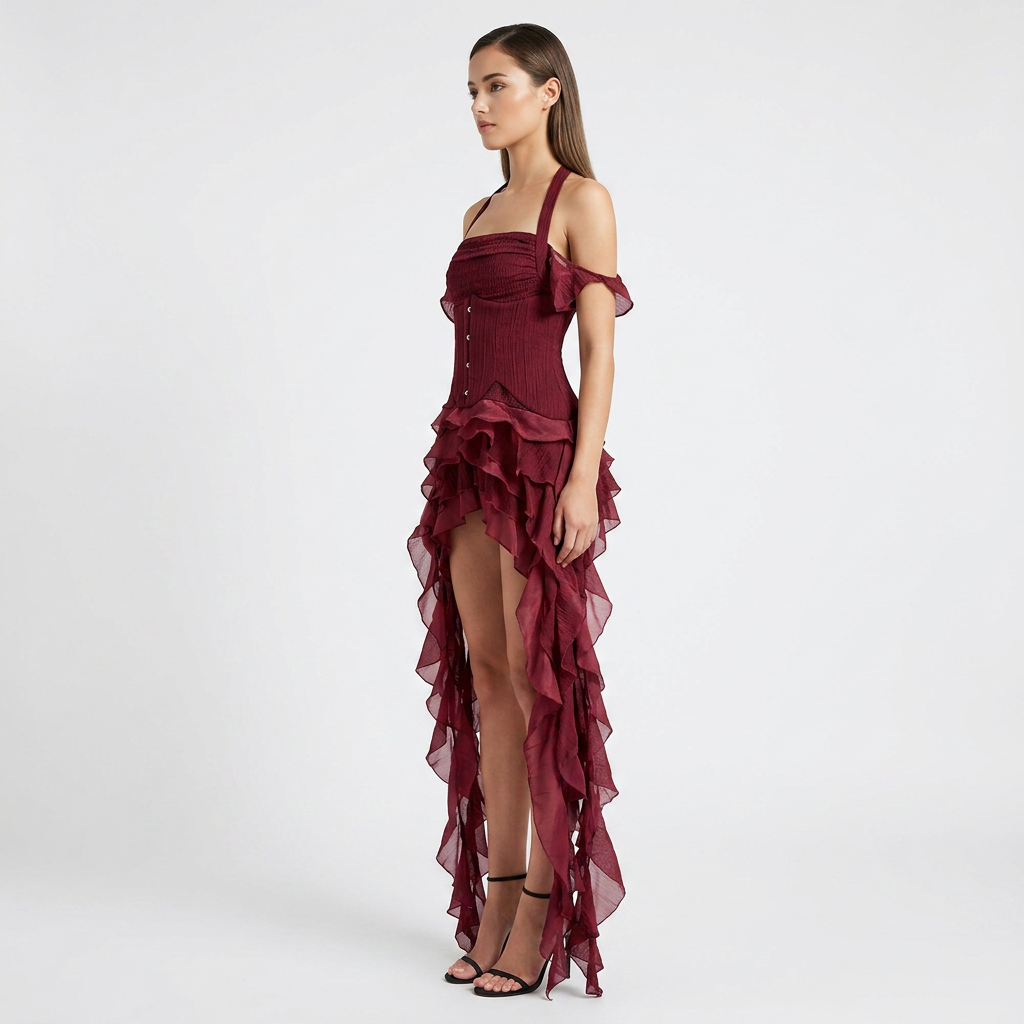 Halter Corset &amp; Asymmetric Ruffle Shorts Two-Piece Set-Vyana Collective