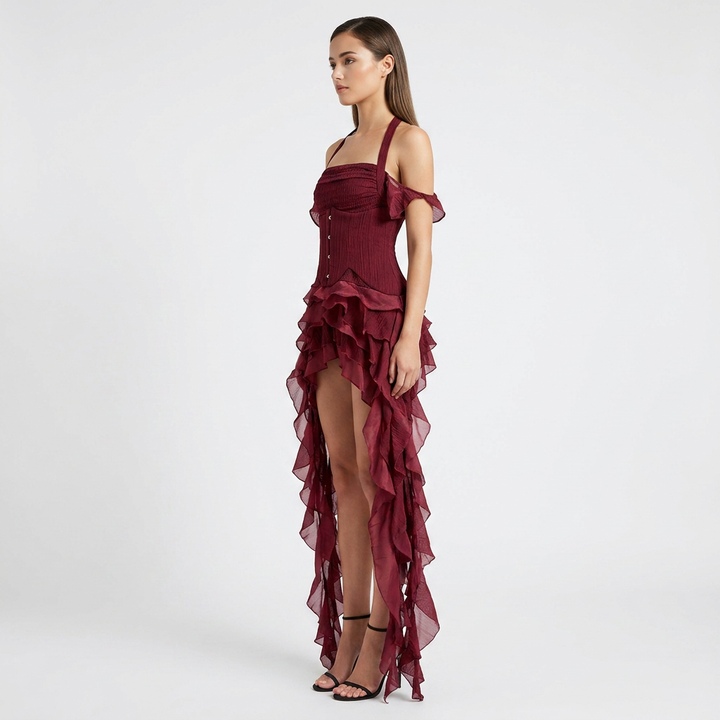 Halter Corset &amp; Asymmetric Ruffle Shorts Two-Piece Set-Vyana Collective
