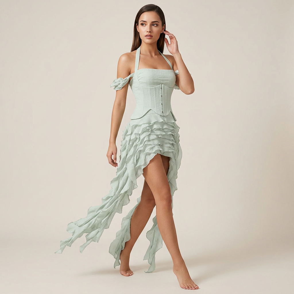 Halter Corset &amp; Asymmetric Ruffle Shorts Two-Piece Set-Vyana Collective