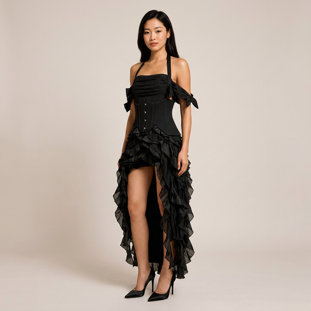 Halter Corset &amp; Asymmetric Ruffle Shorts Two-Piece Set-Vyana Collective